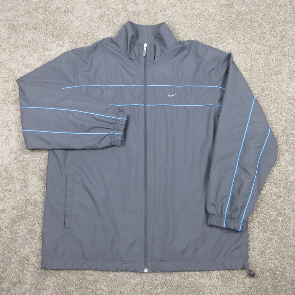 Vintage Nike Jacket Mens XL Gray Blue Striped Track Windbreaker Silver Tag Y2K